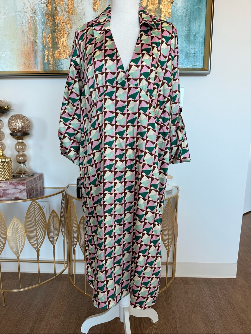 Geometric Print Midi Shirtdress in Teal, Pink & Cream